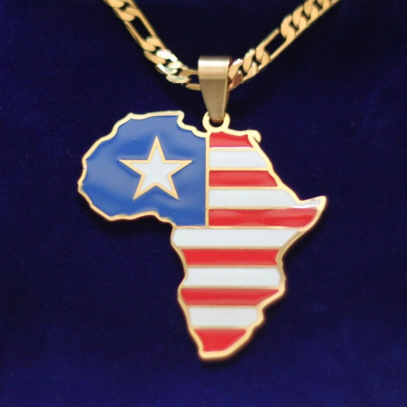 Liberia Flag Pendant Necklace with Gift Pouch, Africa Map Gold Stainless Steel