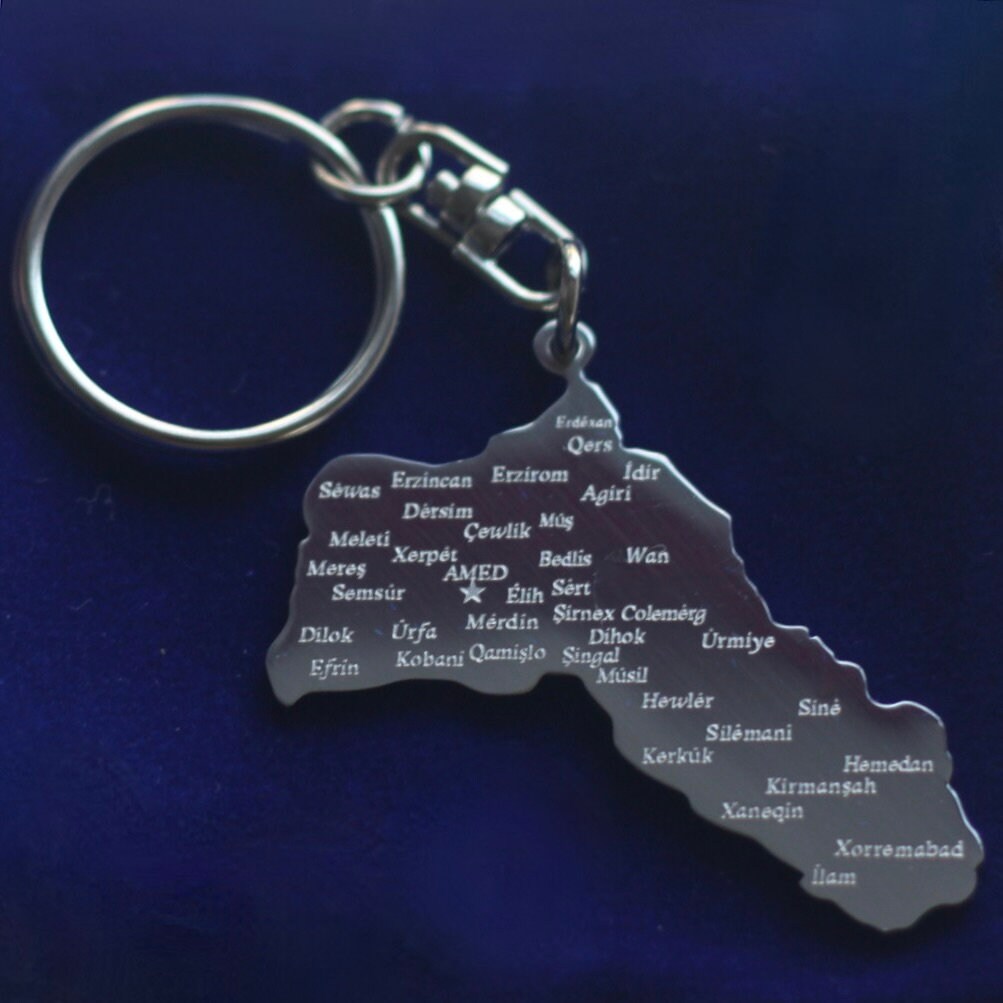 Kurdistan Map Keyring with Gift Pouch, Silver Stainless Steel