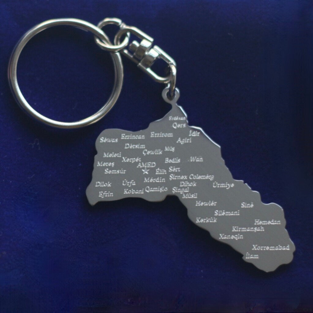 Kurdistan Map Keyring with Gift Pouch, Silver Stainless Steel