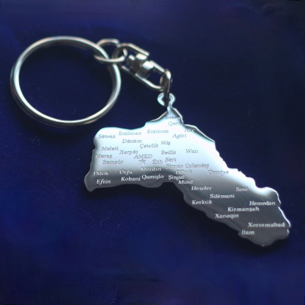 Kurdistan Map Keyring with Gift Pouch, Silver Stainless Steel