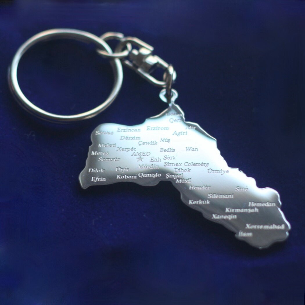 Kurdistan Map Keyring with Gift Pouch, Silver Stainless Steel