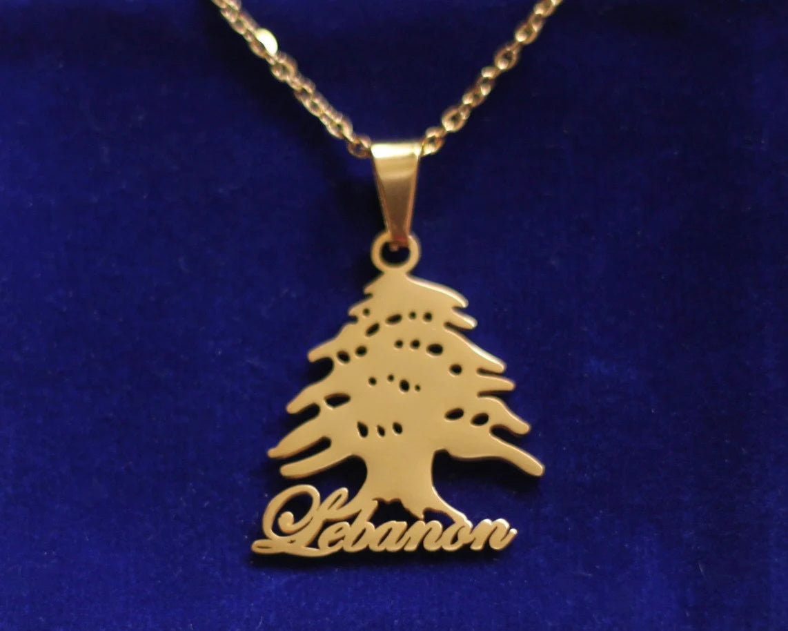 Cedar of Lebanon Pendant Necklace with Gift Pouch, Gold Stainless Steel