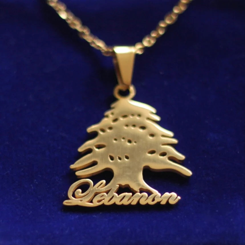 Cedar of Lebanon Pendant Necklace with Gift Pouch, Gold Stainless Steel