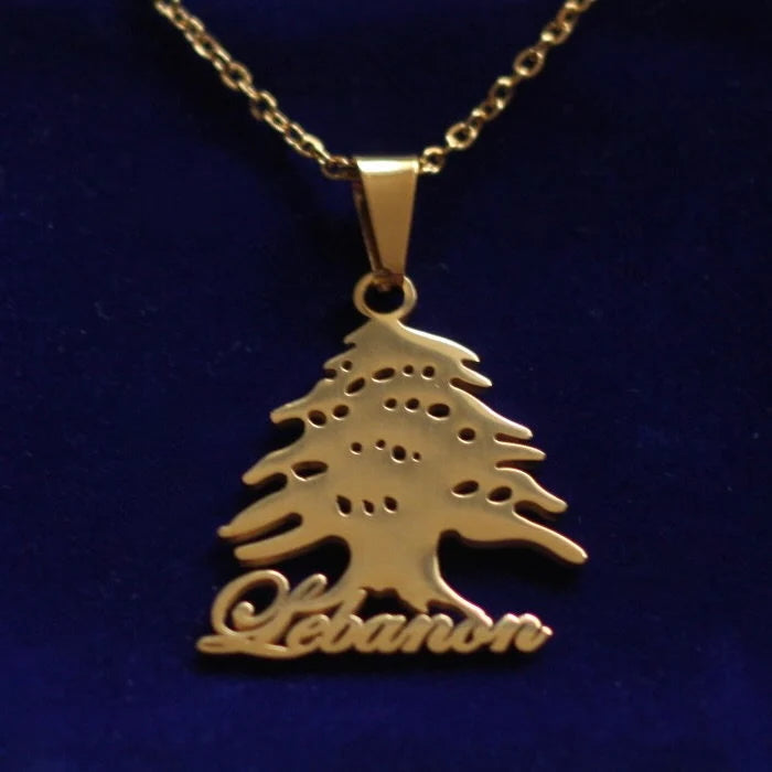 Cedar of Lebanon Pendant Necklace with Gift Pouch, Gold Stainless Steel