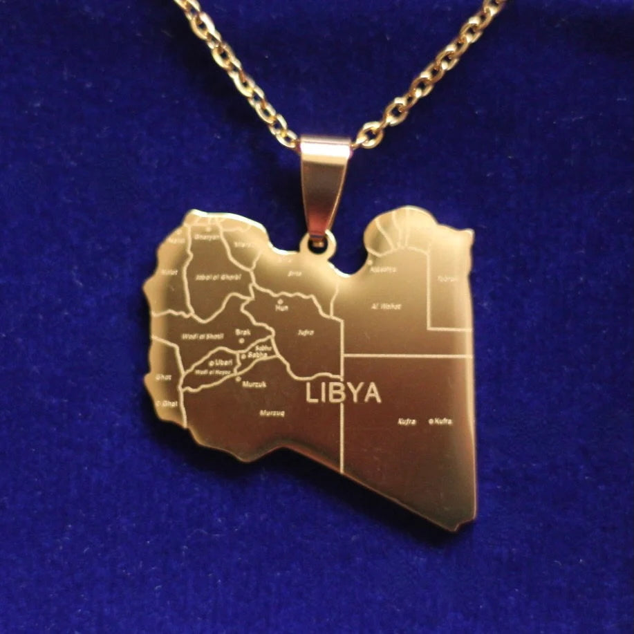 Libya Map Pendant Necklace with Gift Pouch, Gold Stainless Steel