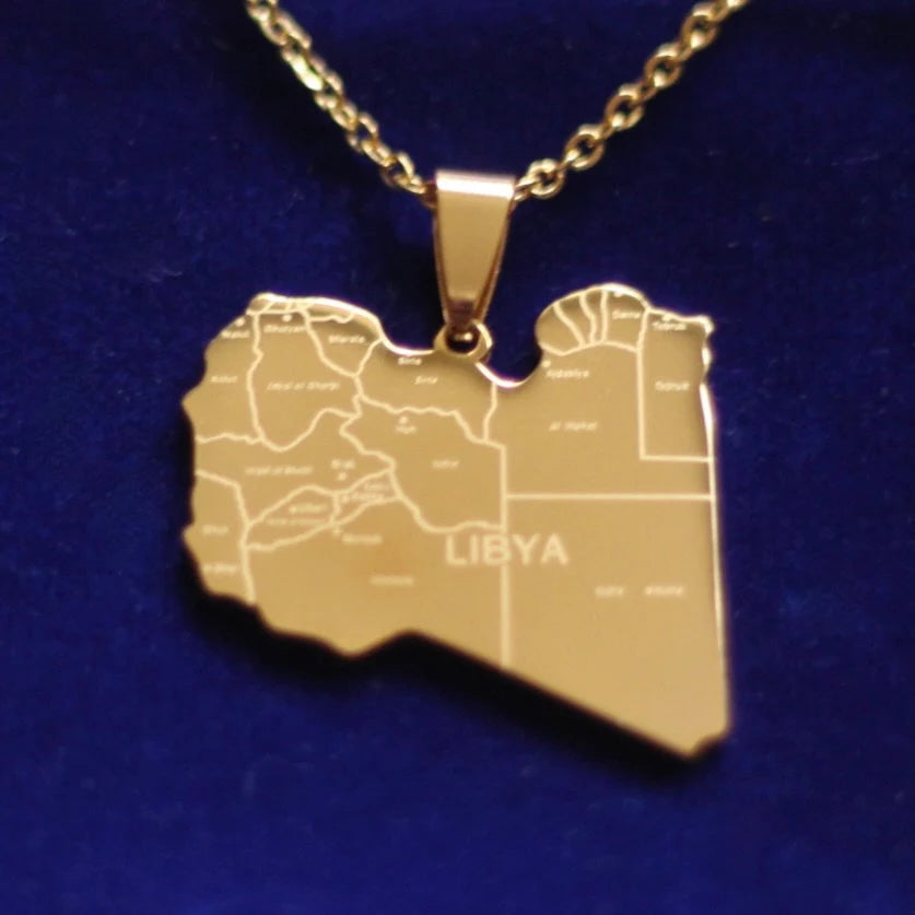 Libya Map Pendant Necklace with Gift Pouch, Gold Stainless Steel