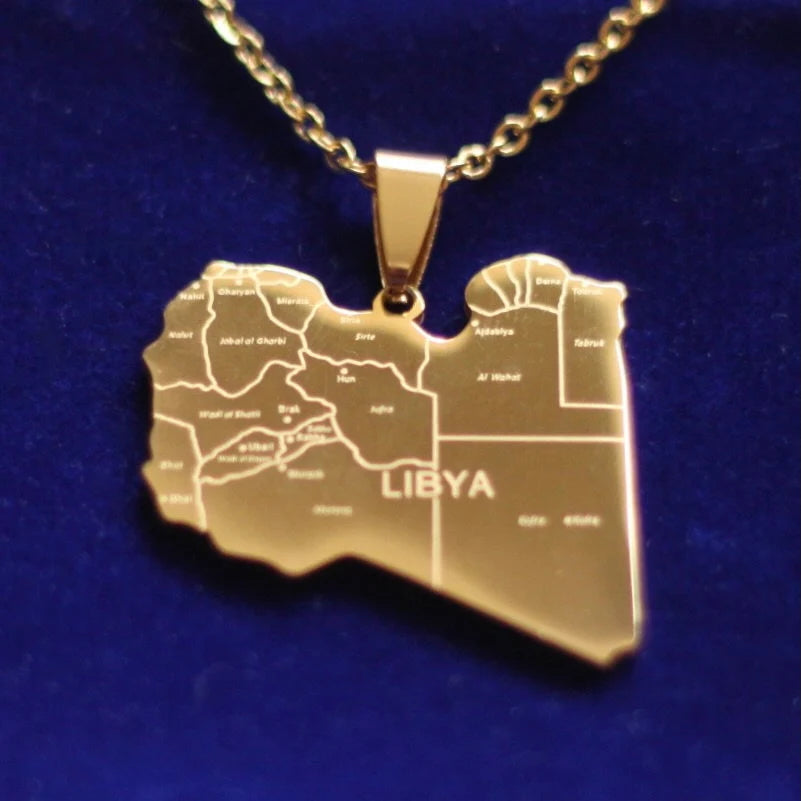 Libya Map Pendant Necklace with Gift Pouch, Gold Stainless Steel