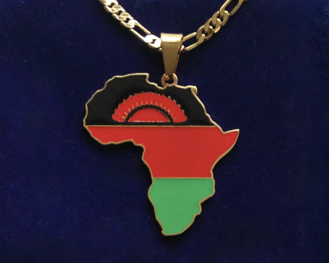 Malawi Flag Pendant Necklace with Gift Pouch, Africa Map Gold Stainless Steel