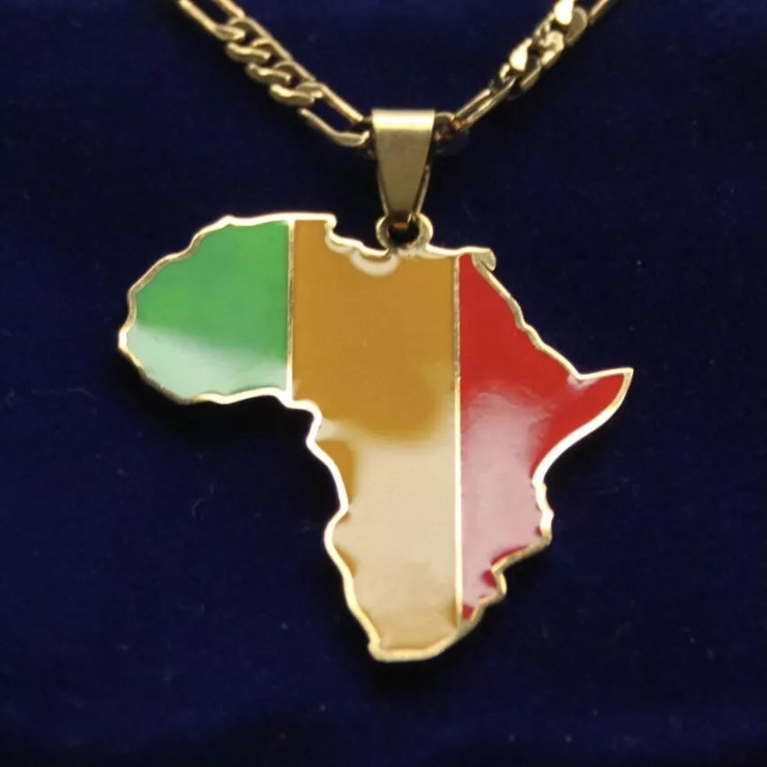Mali Flag Pendant Necklace with Gift Pouch, Africa Map Gold Stainless Steel