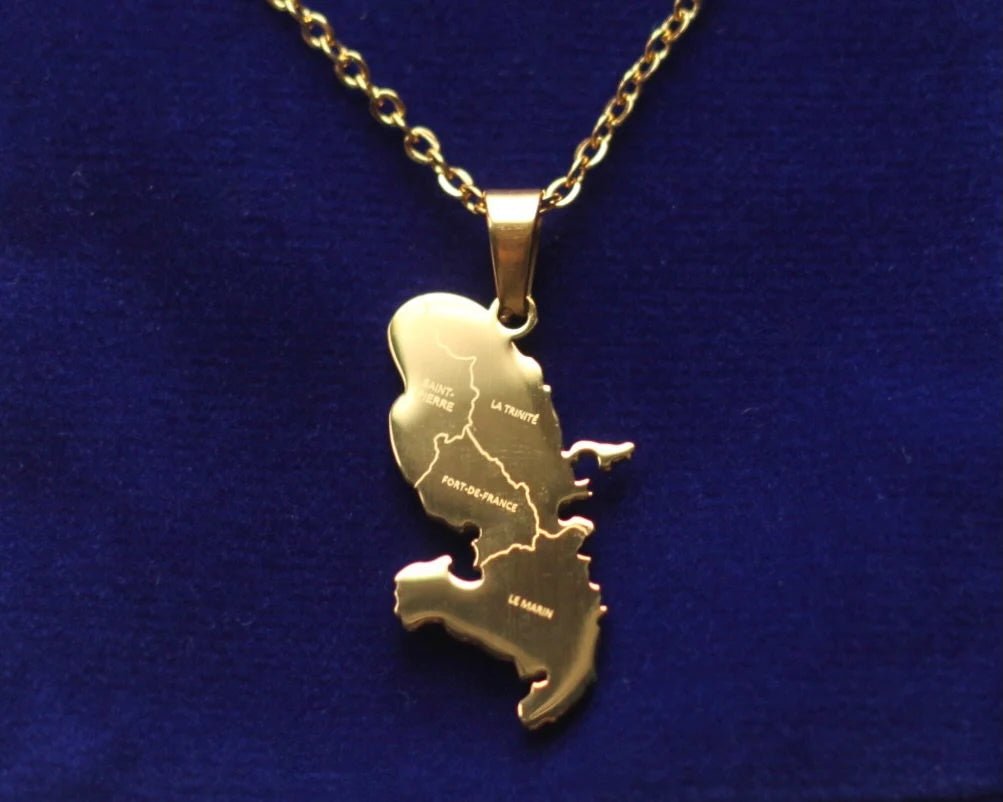 Martinique Map Pendant Necklace with Gift Pouch, Gold Stainless Steel