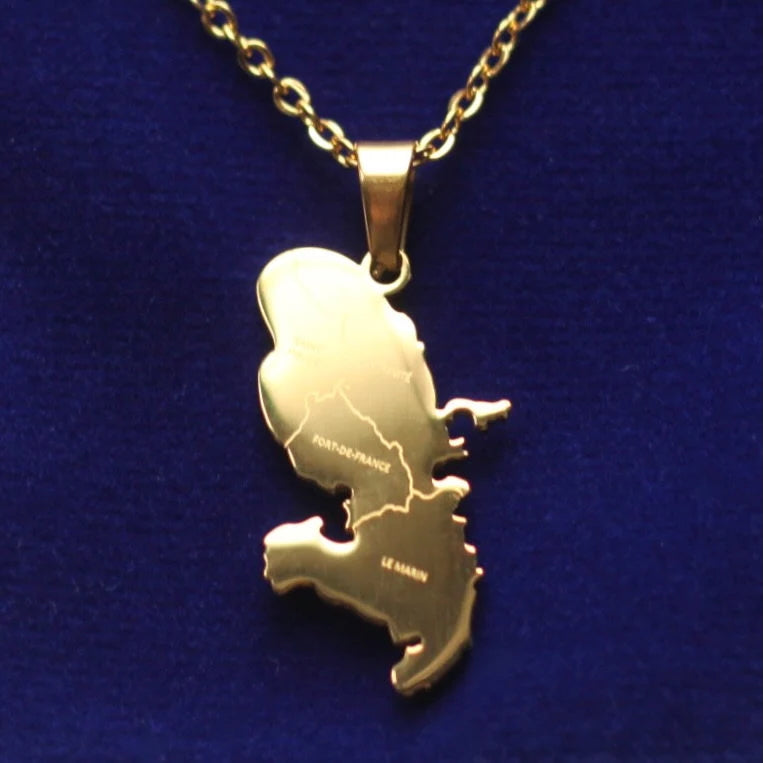 Martinique Map Pendant Necklace with Gift Pouch, Gold Stainless Steel