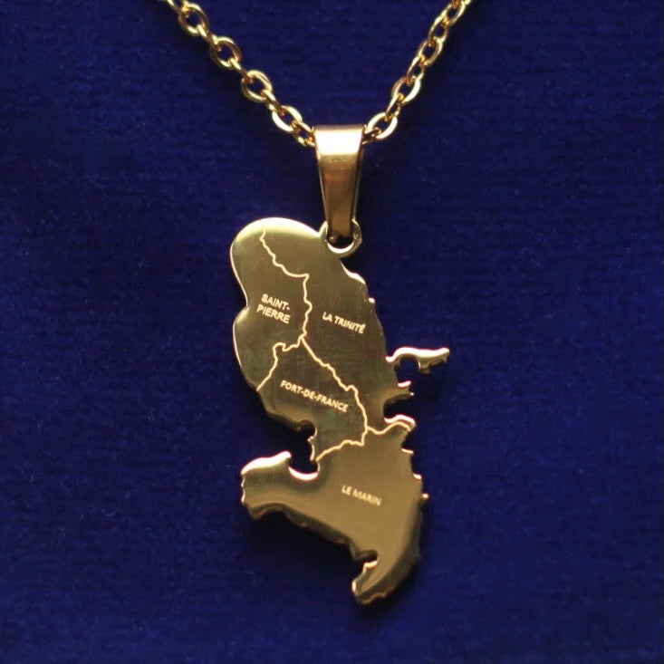 Martinique Map Pendant Necklace with Gift Pouch, Gold Stainless Steel