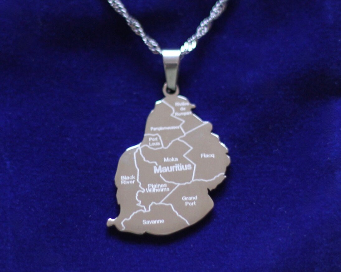 Mauritius Map Pendant Necklace with Gift Pouch, Silver Stainless Steel