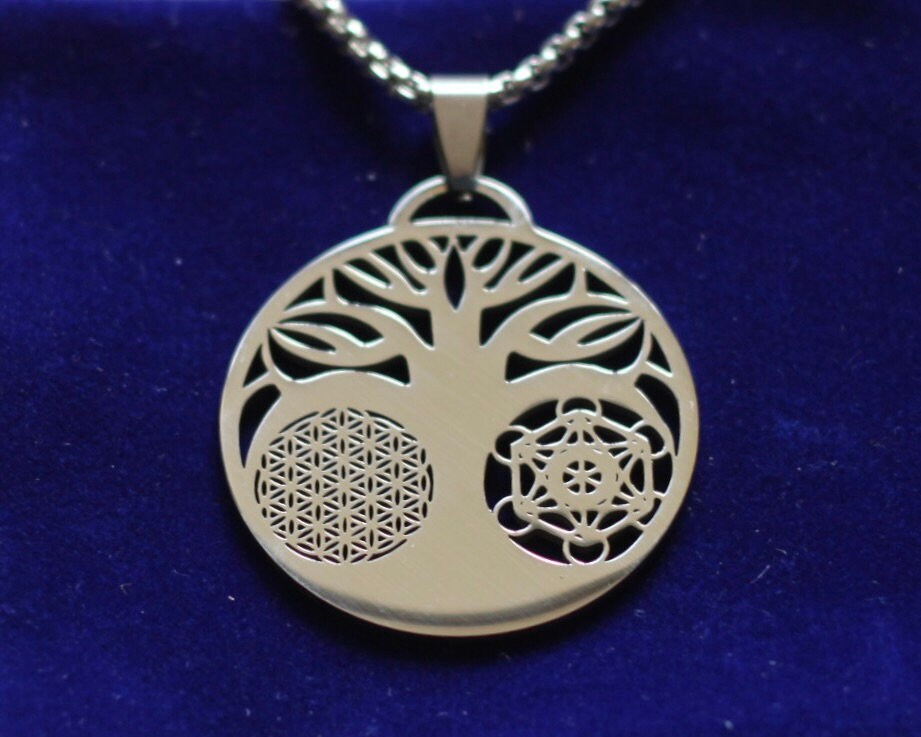 Flower of Life and Metatron's Cube Tree Pendant Necklace with Gift Pouch, Silver Stainless Steel