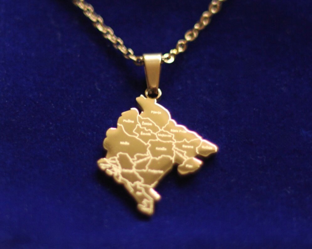 Montenegro Map Pendant Necklace with Gift Pouch, Gold Stainless Steel