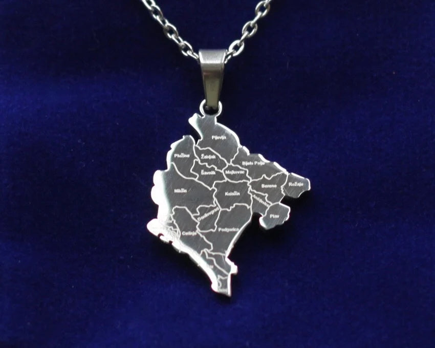 Montenegro Map Pendant Necklace with Gift Pouch, Silver Stainless Steel