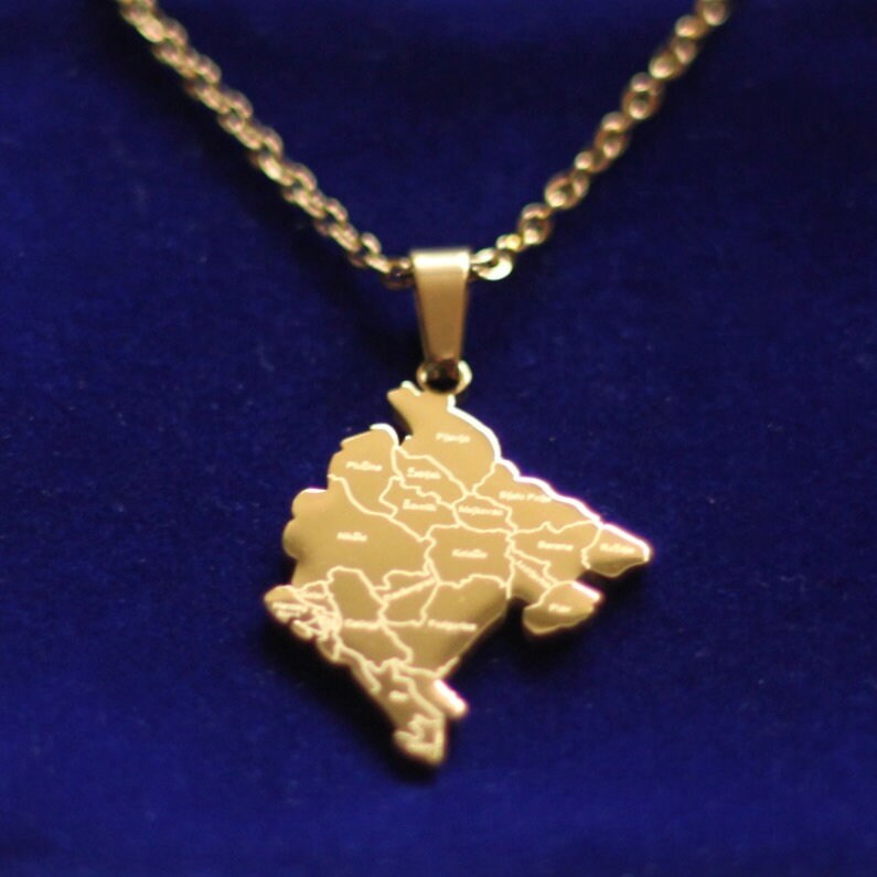 Montenegro Map Pendant Necklace with Gift Pouch, Gold Stainless Steel