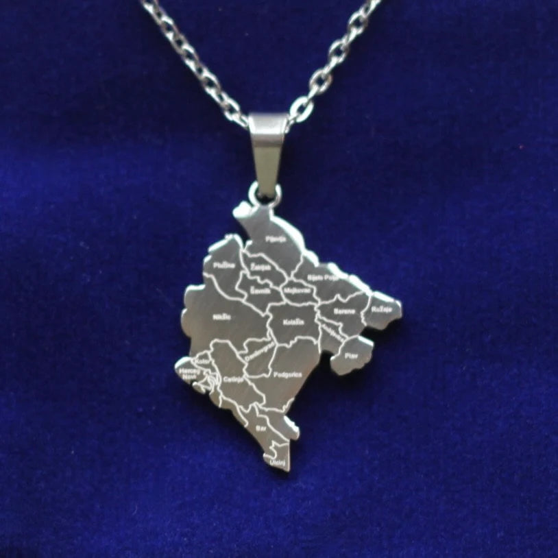 Montenegro Map Pendant Necklace with Gift Pouch, Silver Stainless Steel