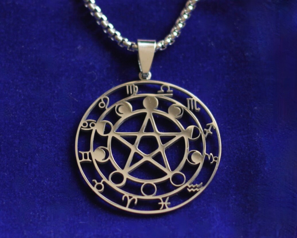 Moon Phase Pentagram Pendant Necklace with Gift Pouch, Silver Stainless Steel