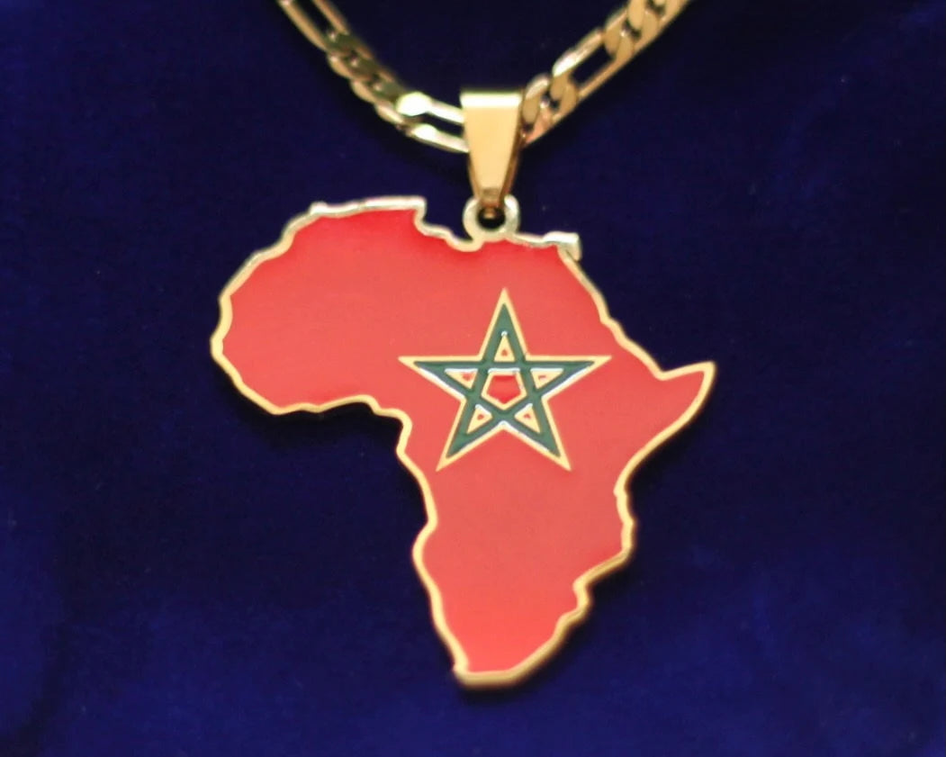 Morocco Flag Pendant Necklace with Gift Pouch, Africa Map Gold Stainless Steel
