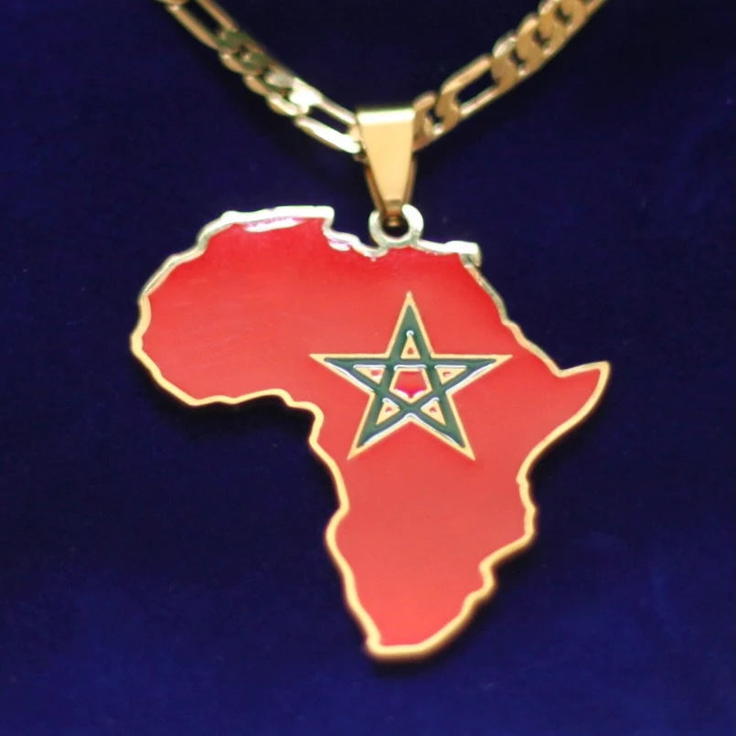 Morocco Flag Pendant Necklace with Gift Pouch, Africa Map Gold Stainless Steel