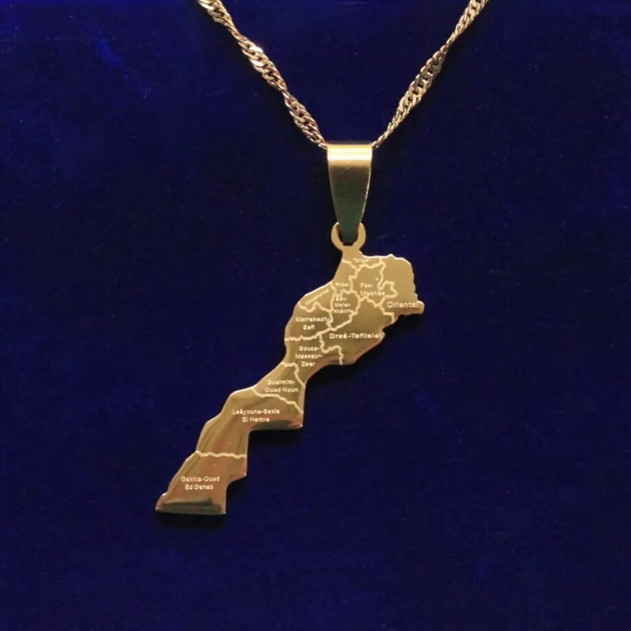 Morocco Map Pendant Necklace with Gift Pouch, Gold Stainless Steel