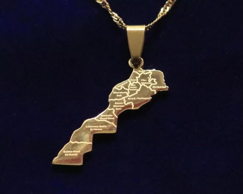 Morocco Map Pendant Necklace with Gift Pouch, Gold Stainless Steel