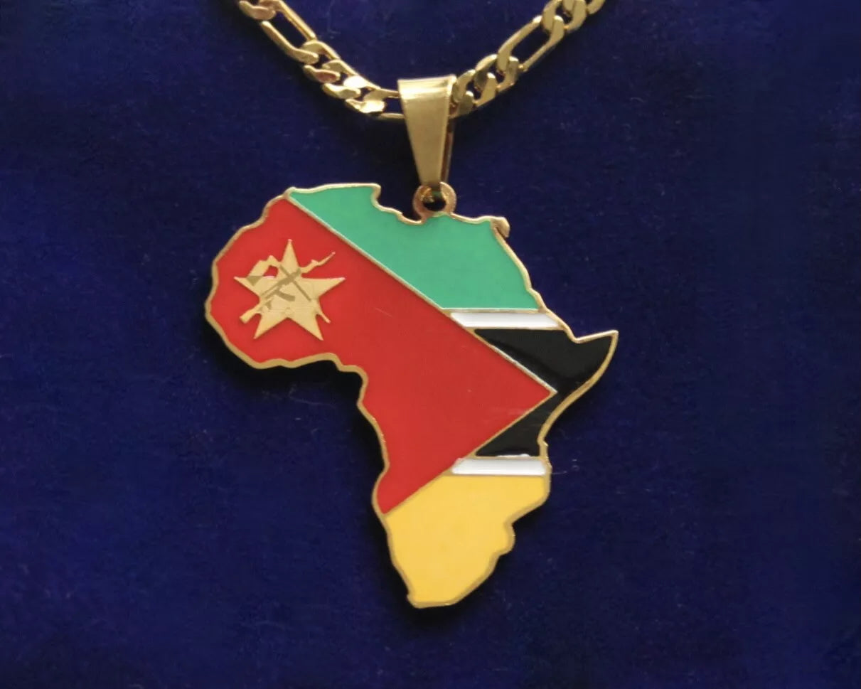 Mozambique Flag Pendant Necklace with Gift Pouch, Africa Map Gold Stainless Steel