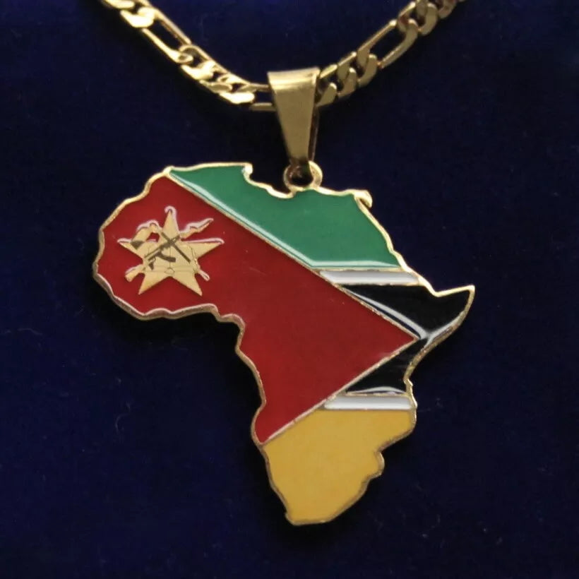 Mozambique Flag Pendant Necklace with Gift Pouch, Africa Map Gold Stainless Steel