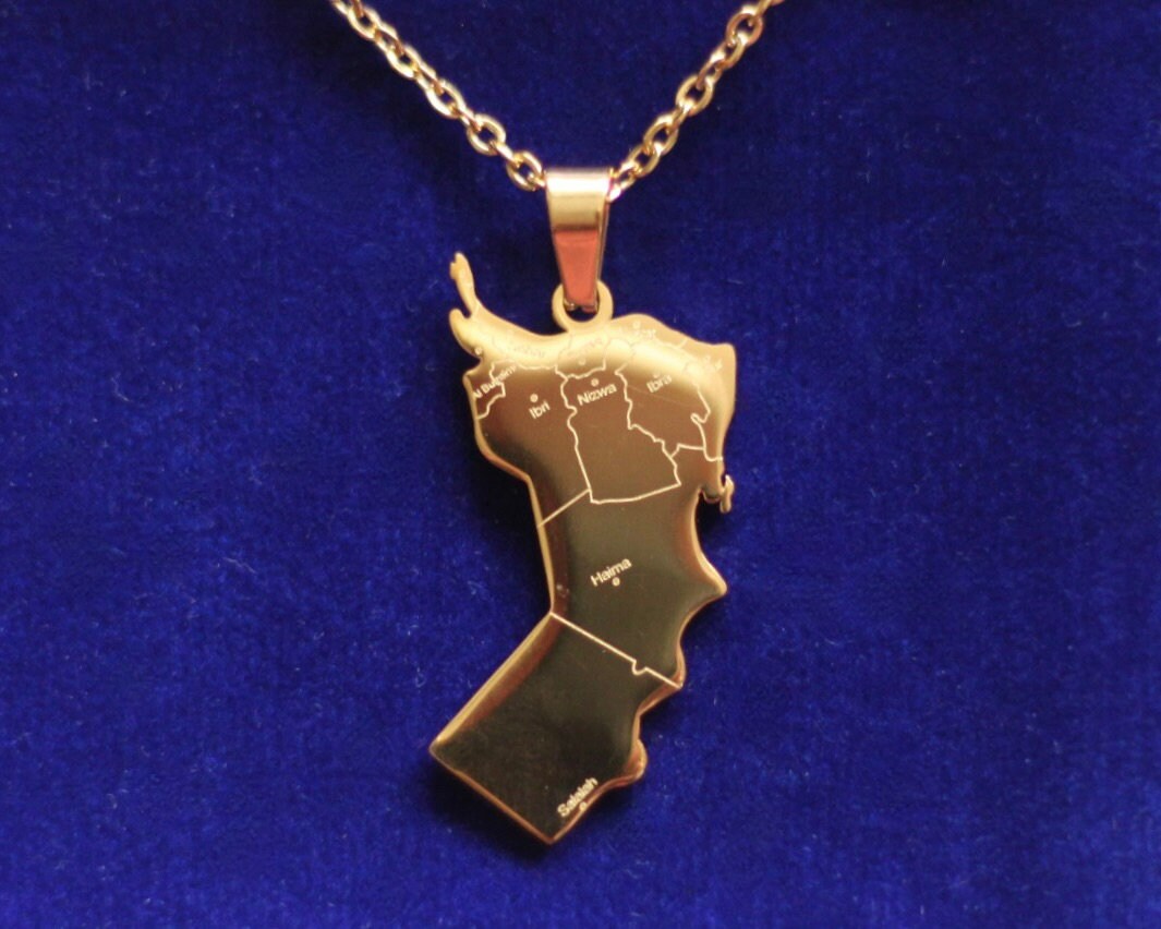 Oman Map Pendant Necklace with Gift Pouch, Gold Stainless Steel