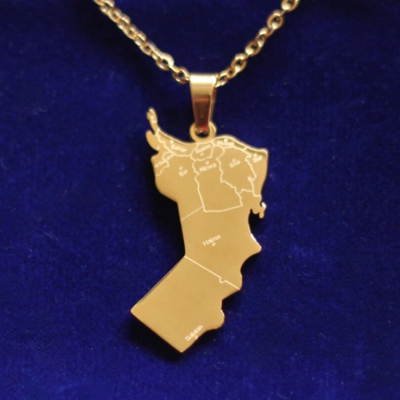 Oman Map Pendant Necklace with Gift Pouch, Gold Stainless Steel