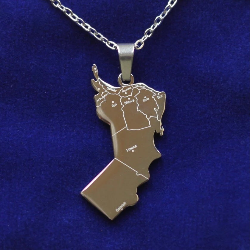 Oman Map Pendant Necklace with Gift Pouch, Silver Stainless Steel