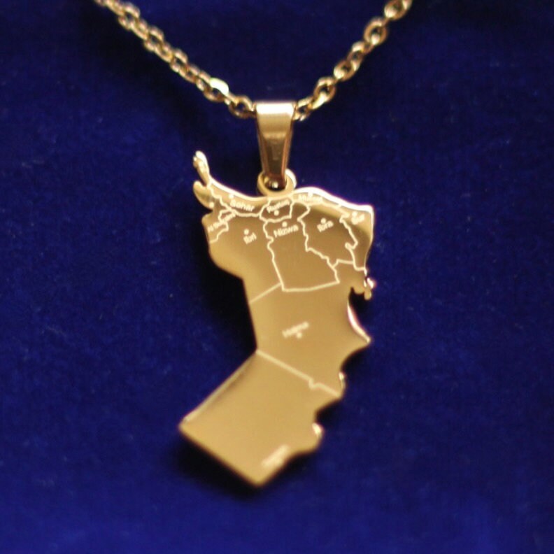 Oman Map Pendant Necklace with Gift Pouch, Gold Stainless Steel