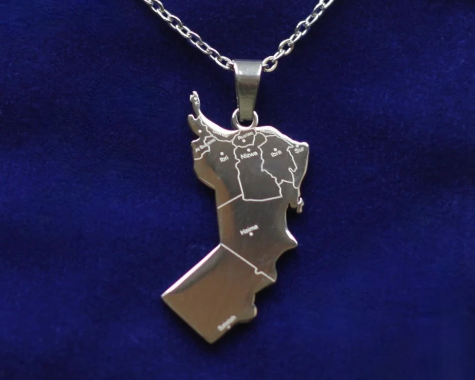 Oman Map Pendant Necklace with Gift Pouch, Silver Stainless Steel