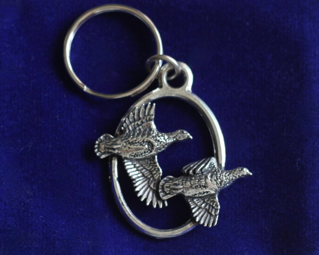 Partridge Keyring with Gift Pouch, Pewter, silver metal