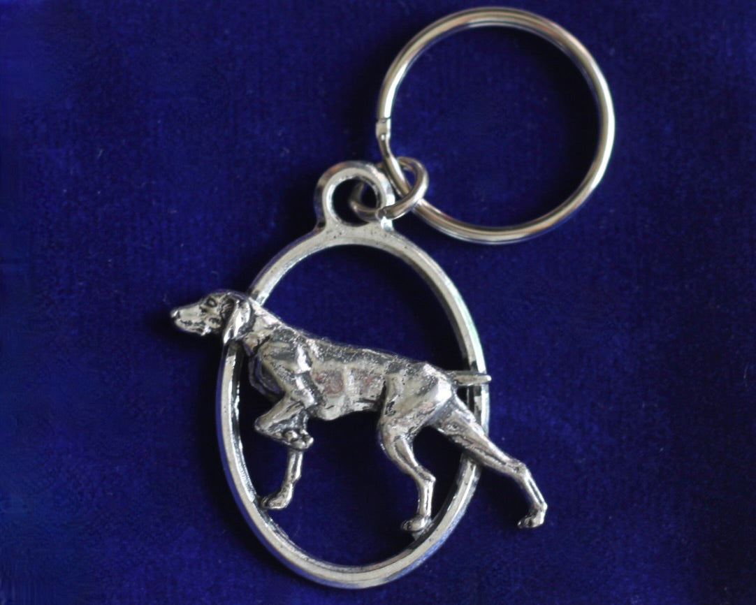 Pointer Dog Keyring with Gift Pouch, Pewter, silver metal