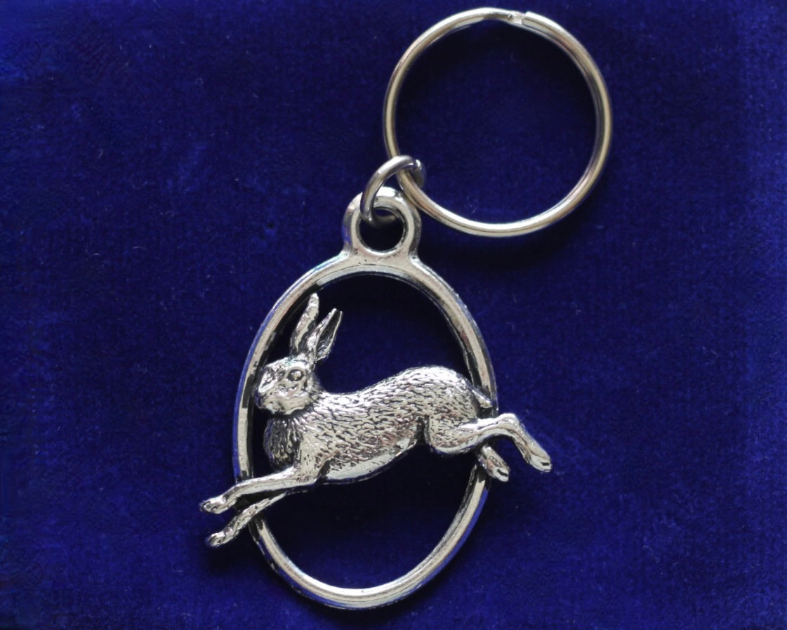 Running Hare Keyring with Gift Pouch, Pewter, silver metal
