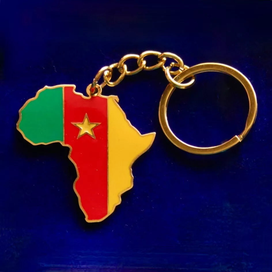 Cameroon Flag Africa Keyring with Gift Pouch, Enamelled Metal Keychain