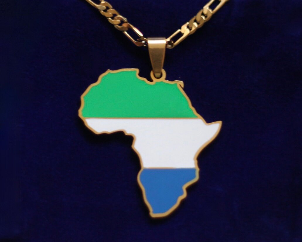 Sierra Leone Flag Pendant Necklace with Gift Pouch, Africa Map Gold Stainless Steel
