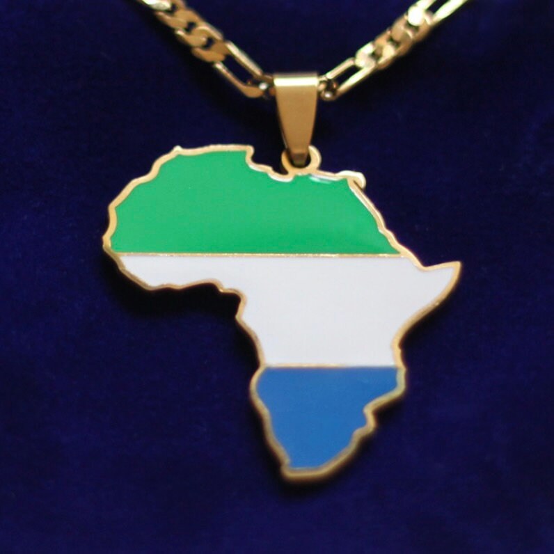 Sierra Leone Flag Pendant Necklace with Gift Pouch, Africa Map Gold Stainless Steel