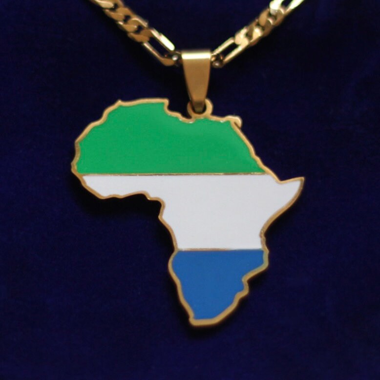 Sierra Leone Flag Pendant Necklace with Gift Pouch, Africa Map Gold Stainless Steel