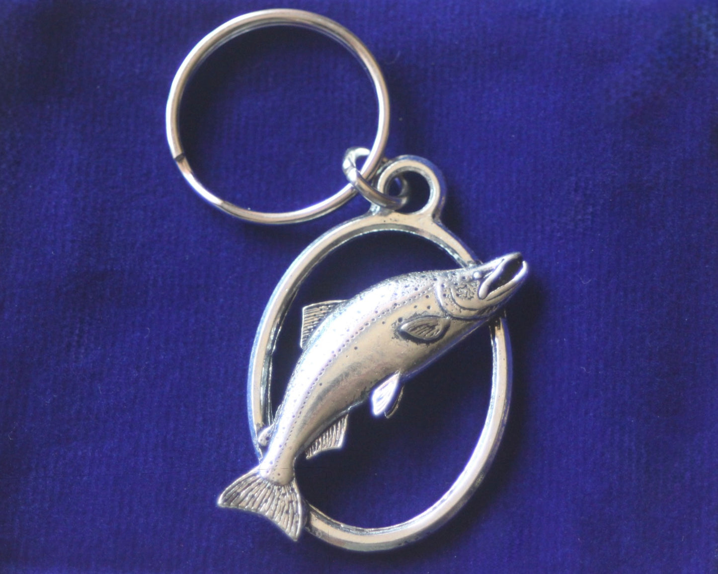 Leaping Salmon Keyring with Gift Pouch, Pewter, silver metal