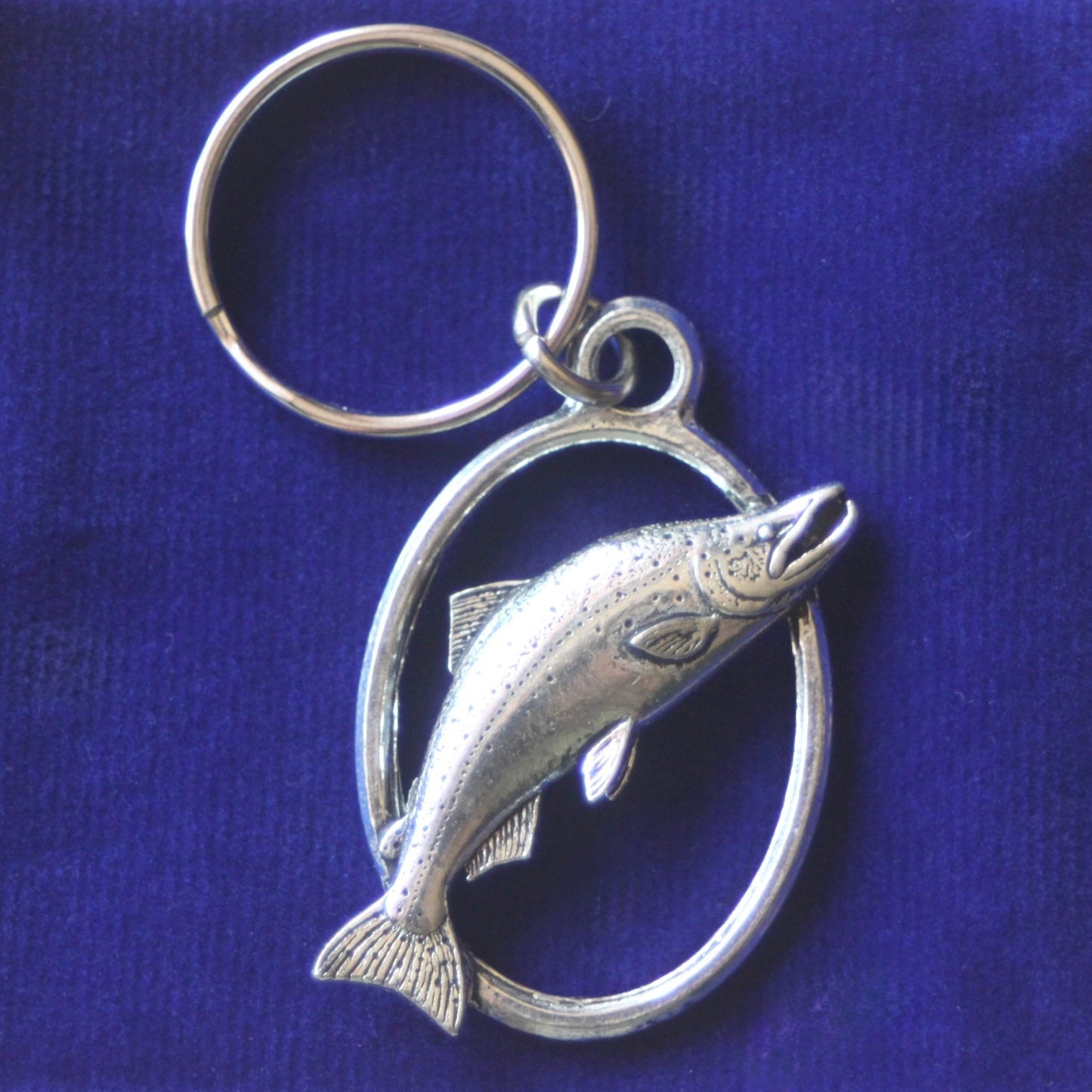Leaping Salmon Keyring with Gift Pouch, Pewter, silver metal