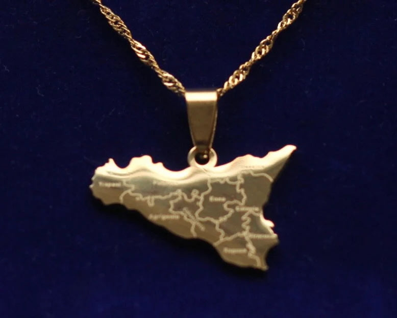 Sicily Map Pendant Necklace with Gift Pouch, Gold Stainless Steel