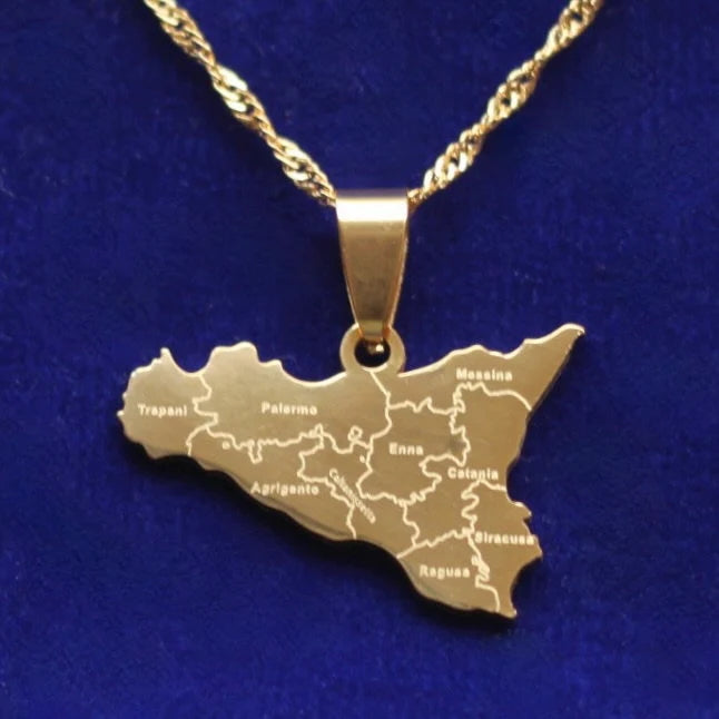 Sicily Map Pendant Necklace with Gift Pouch, Gold Stainless Steel