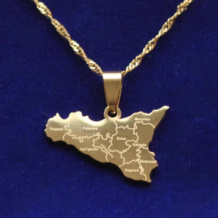 Sicily Map Pendant Necklace with Gift Pouch, Gold Stainless Steel