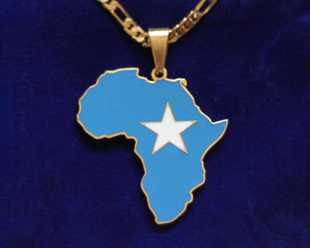 Somalia Flag Pendant Necklace with Gift Pouch, Africa Map Gold Stainless Steel