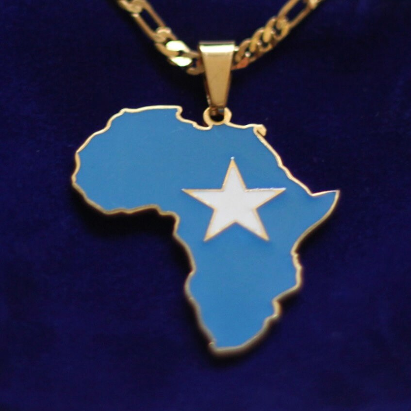 Somalia Flag Pendant Necklace with Gift Pouch, Africa Map Gold Stainless Steel