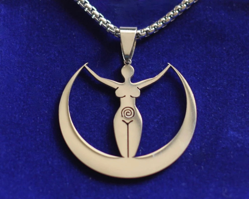 Spiral Goddess Moon Pendant Necklace with Gift Pouch, Silver Stainless Steel