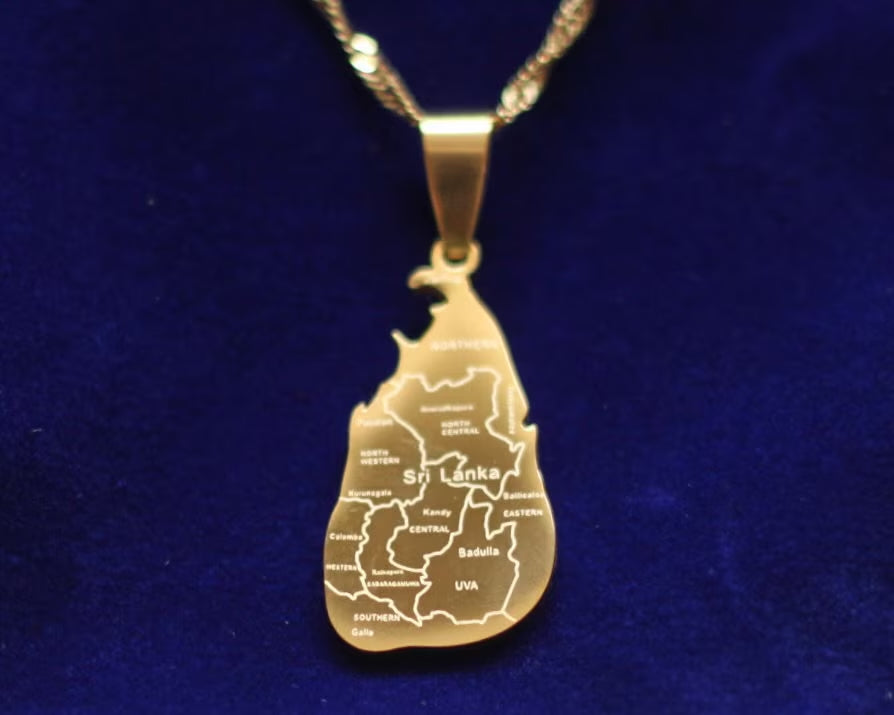 Sri Lanka Map Pendant Necklace with Gift Pouch, Gold Stainless Steel